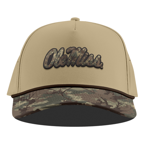 University of Mississippi "Ole Miss Timber Camo Script" Curved 5 Panel Rope Desert/Timber Camo