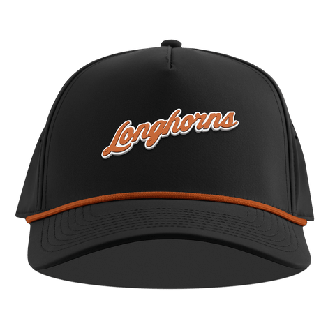 University of Texas "Texas Longhorn Script" Curved 5 Panel Rope Black + Burnt Orange Rope