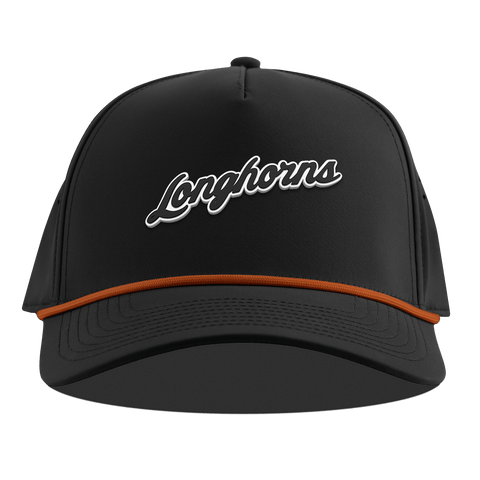 University of Texas "Vintage Texas Longhorn Script" Curved 5 Panel Rope Black + Burnt Orange Rope