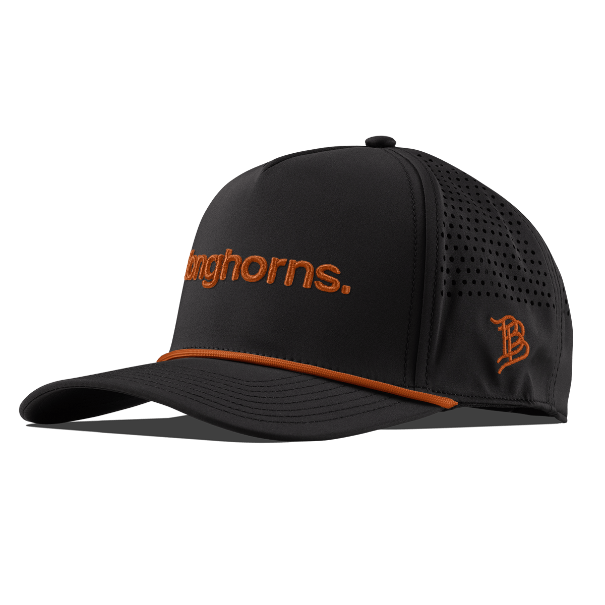 University of Texas "longhorns." Curved 5 Panel Rope Back Black + Burnt Orange Rope