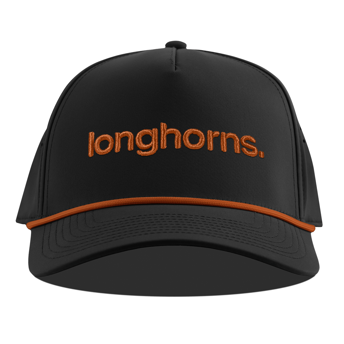 University of Texas "longhorns." Curved 5 Panel Rope Back Black + Burnt Orange Rope