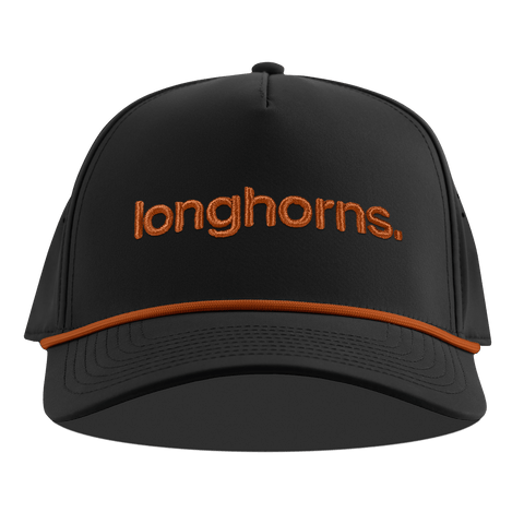 University of Texas "longhorns." Curved 5 Panel Rope Back Black + Burnt Orange Rope