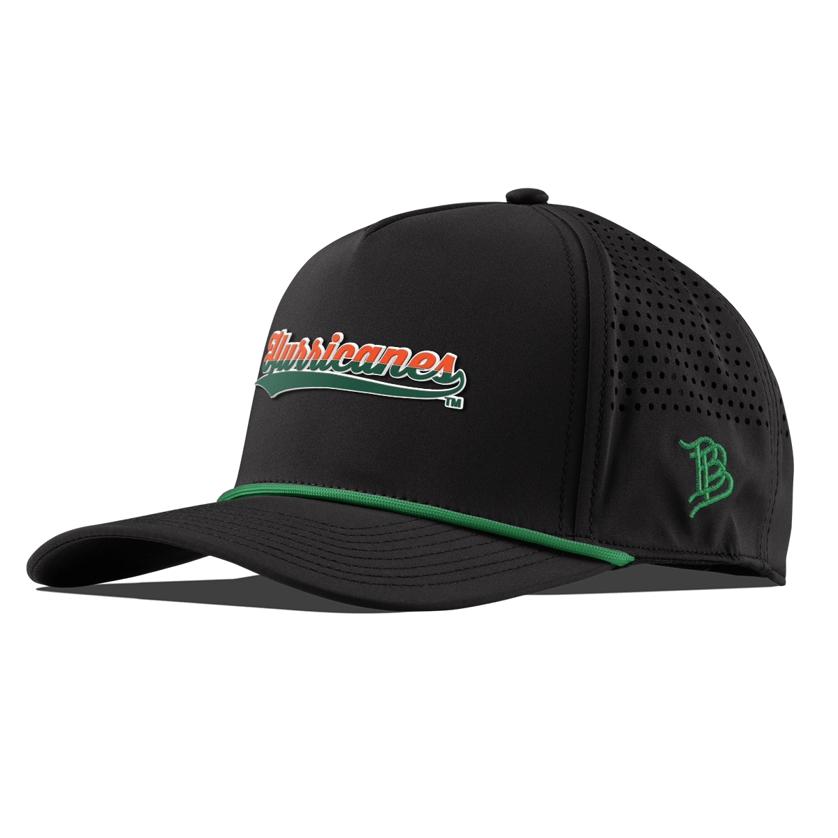 University of Miami "Hurricanes Script" Curved 5 Panel Rope Black + Kelly Green Rope