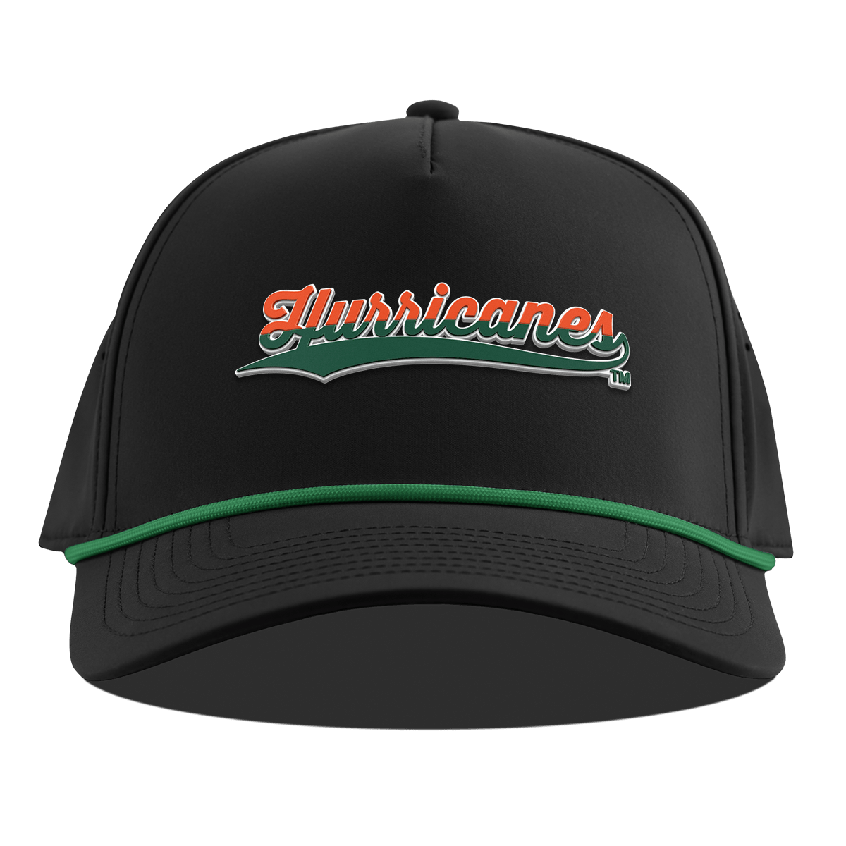 University of Miami "Hurricanes Script" Curved 5 Panel Rope Black + Kelly Green Rope
