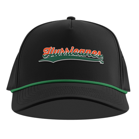 University of Miami "Hurricanes Script" Curved 5 Panel Rope Black + Kelly Green Rope