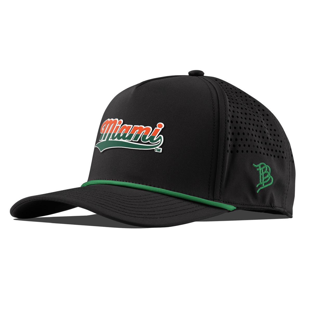 University of Miami "Miami Script" Curved 5 Panel Rope Black + Kelly Green Rope