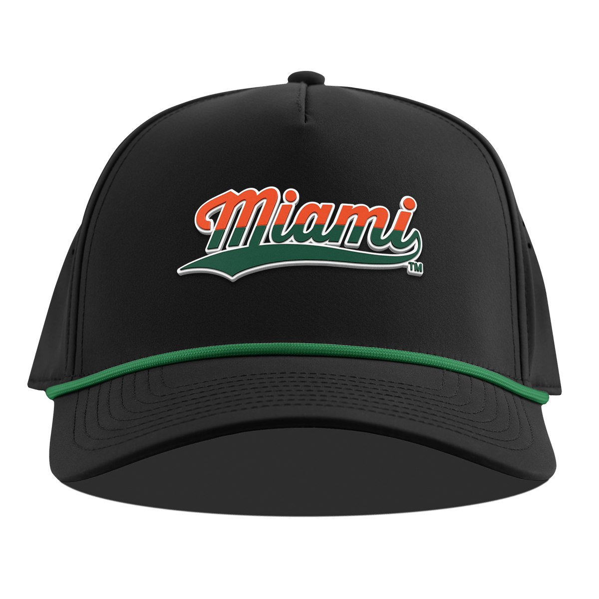 University of Miami "Miami Script" Curved 5 Panel Rope Black + Kelly Green Rope