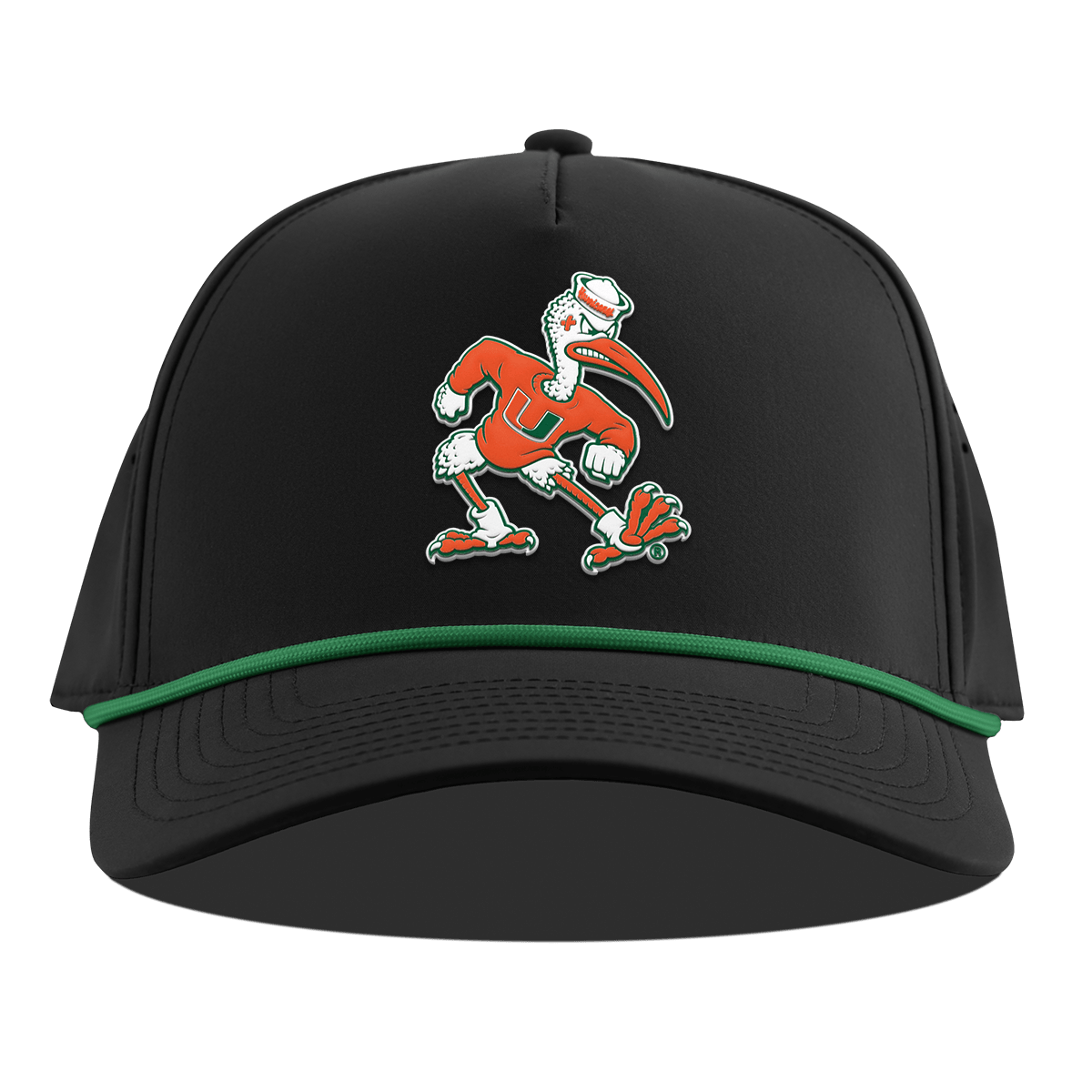 University of Miami "Sebastian the Ibis" Curved 5 Panel Rope Black + Kelly Green Rope