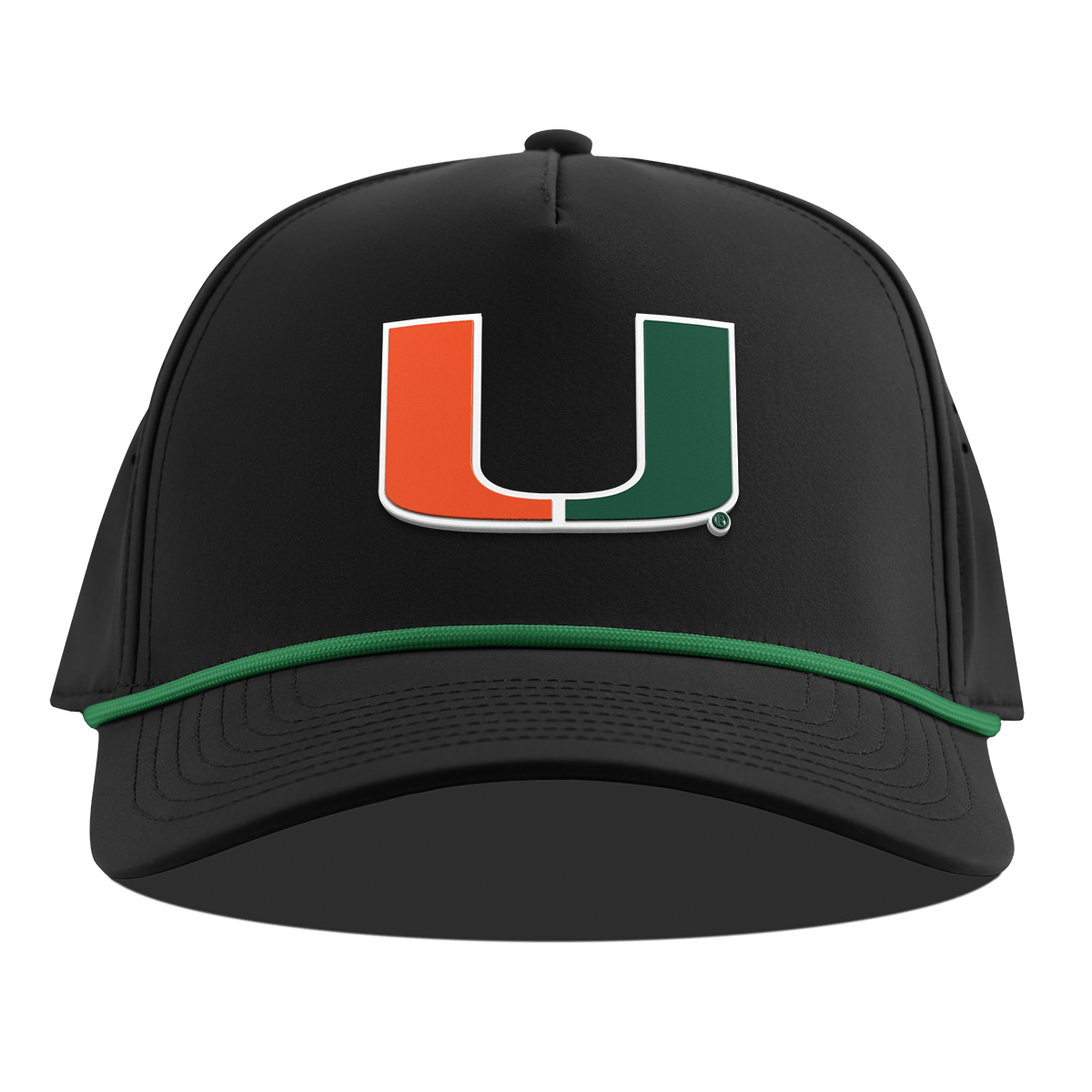 University of Miami "Miami Team Logo" Curved 5 Panel Rope Black + Kelly Green Rope