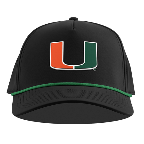 University of Miami "Miami Team Logo" Curved 5 Panel Rope Black + Kelly Green Rope