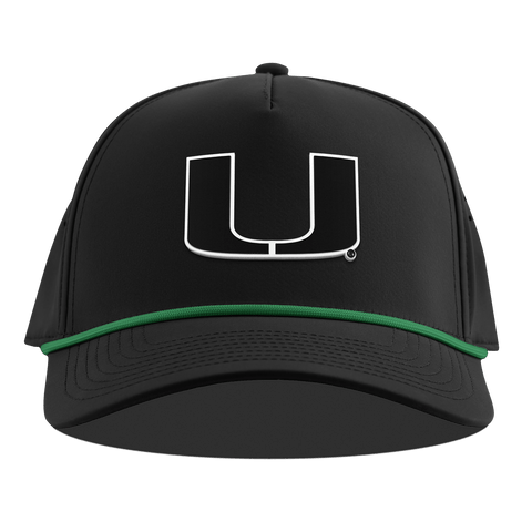 University of Miami "Vintage Miami Team Logo" Curved 5 Panel Rope Black + Kelly Green Rope