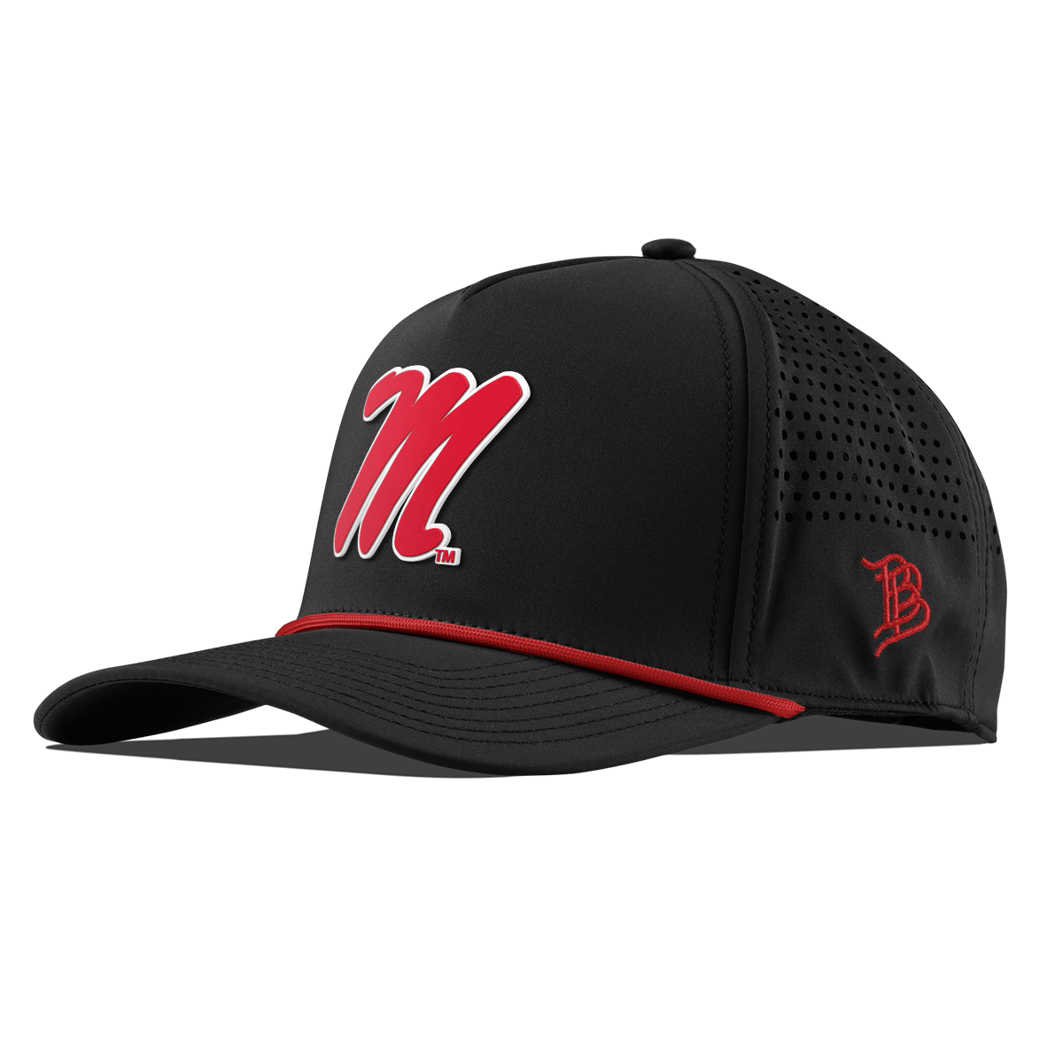 University of Mississippi "Ole Miss Block M Red" Curved 5 Panel Rope Black + Red Rope
