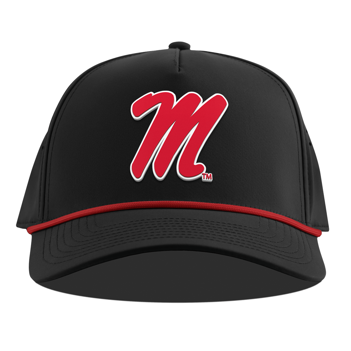 University of Mississippi "Ole Miss Block M Red" Curved 5 Panel Rope Black + Red Rope