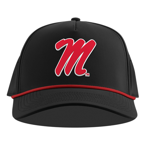 University of Mississippi "Ole Miss Block M Red" Curved 5 Panel Rope Black + Red Rope