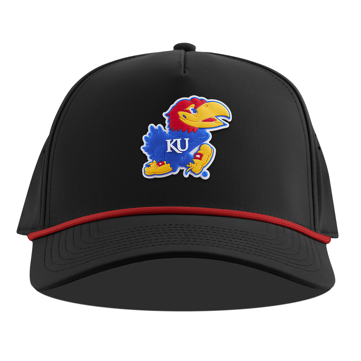 University of Kansas "Rock Chalk Jayhawk" Curved 5 Panel Rope Black + Red Rope