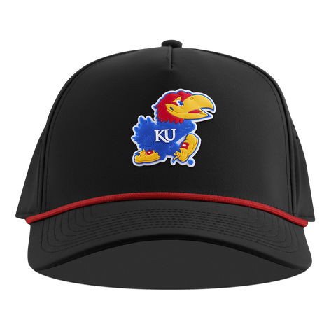 University of Kansas "Rock Chalk Jayhawk" Curved 5 Panel Rope Black + Red Rope