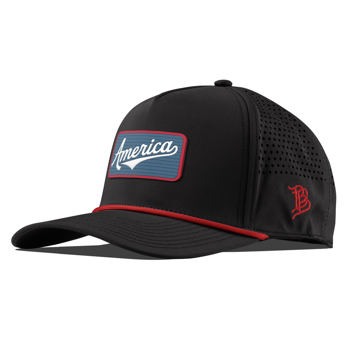 USA America Badge Curved 5 Panel Rope Black + Red Rope