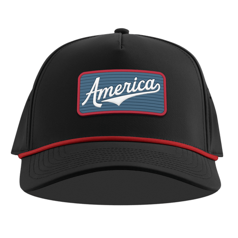 USA America Badge Curved 5 Panel Rope Black + Red Rope