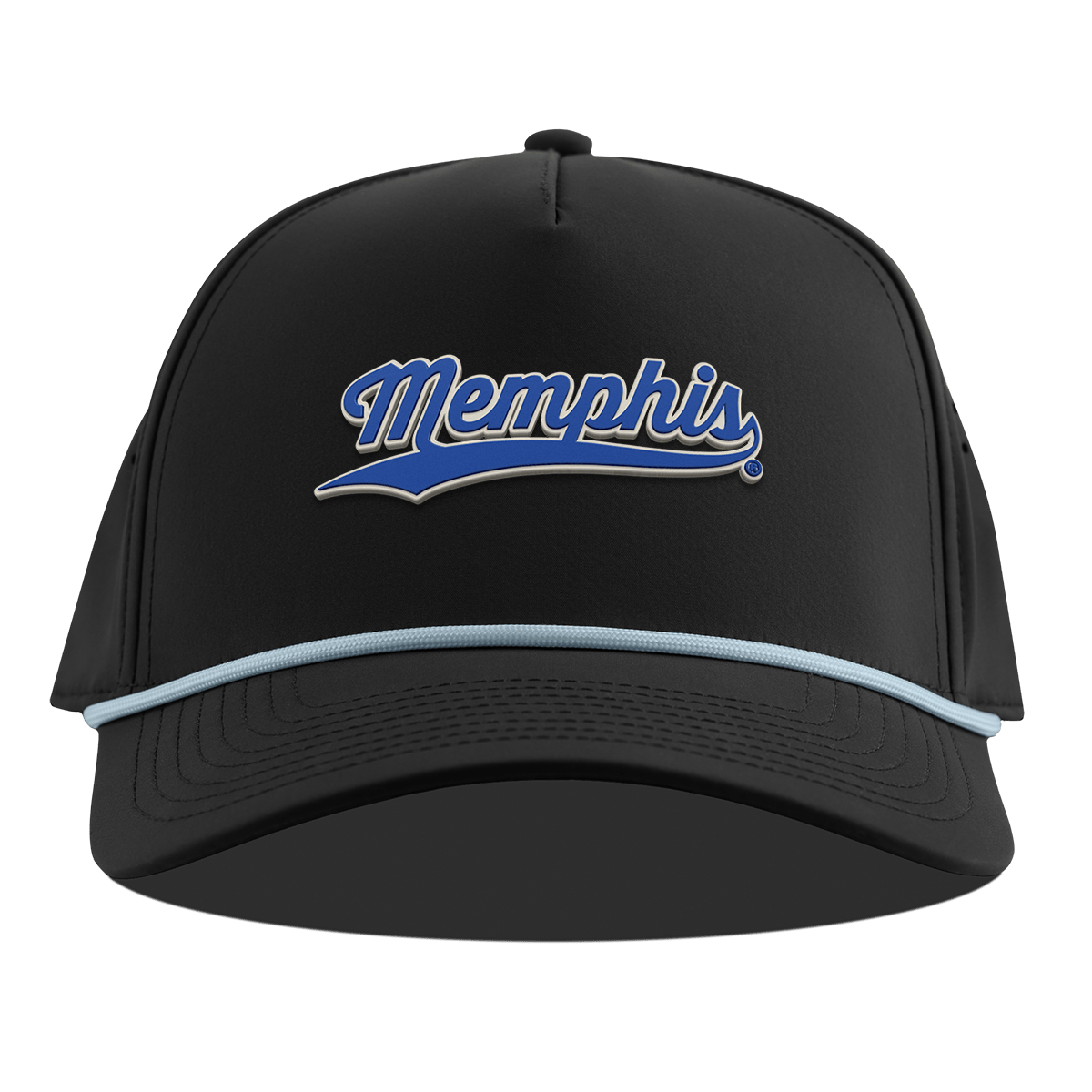 University of Memphis "Memphis Script" Curved 5 Panel Rope Black + Sky Blue Rope