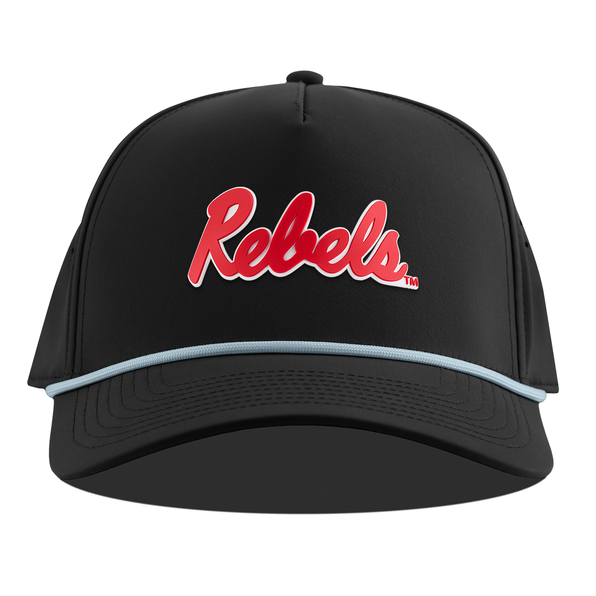 University of Mississippi "Ole Miss Crimson Rebels" Curved 5 Panel Rope Black + Sky Blue Rope