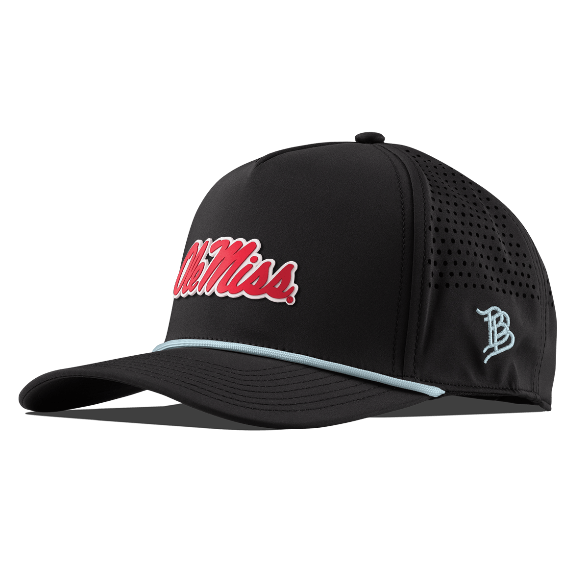 University of Mississippi "Ole Miss Crimson Script" Curved 5 Panel Rope Black + Sky Blue Rope