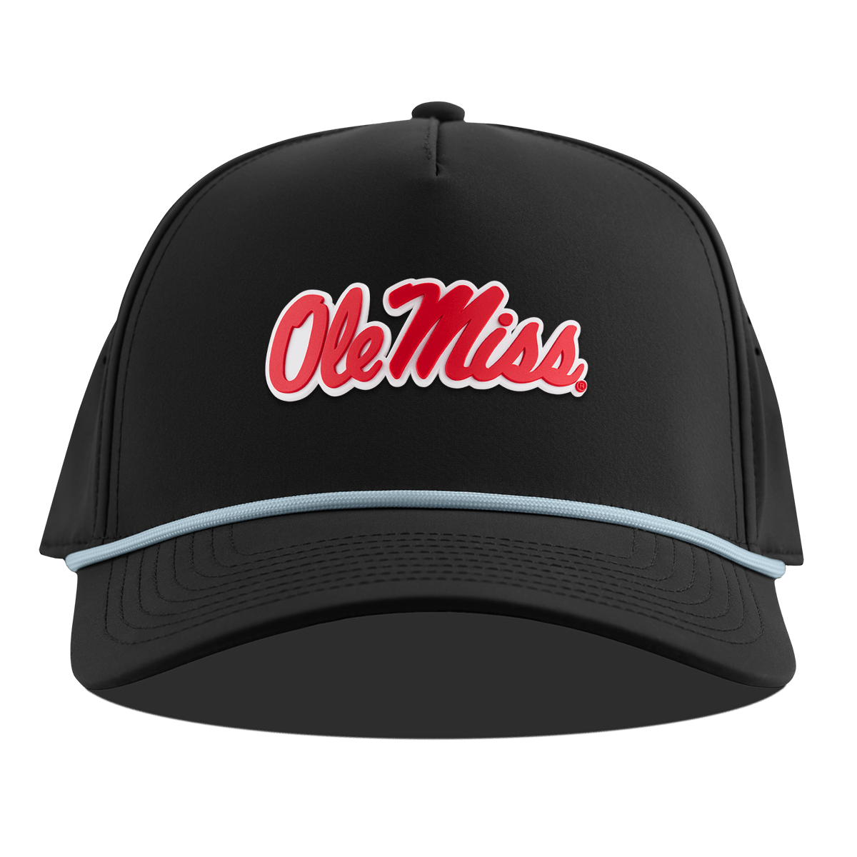 University of Mississippi "Ole Miss Crimson Script" Curved 5 Panel Rope Black + Sky Blue Rope