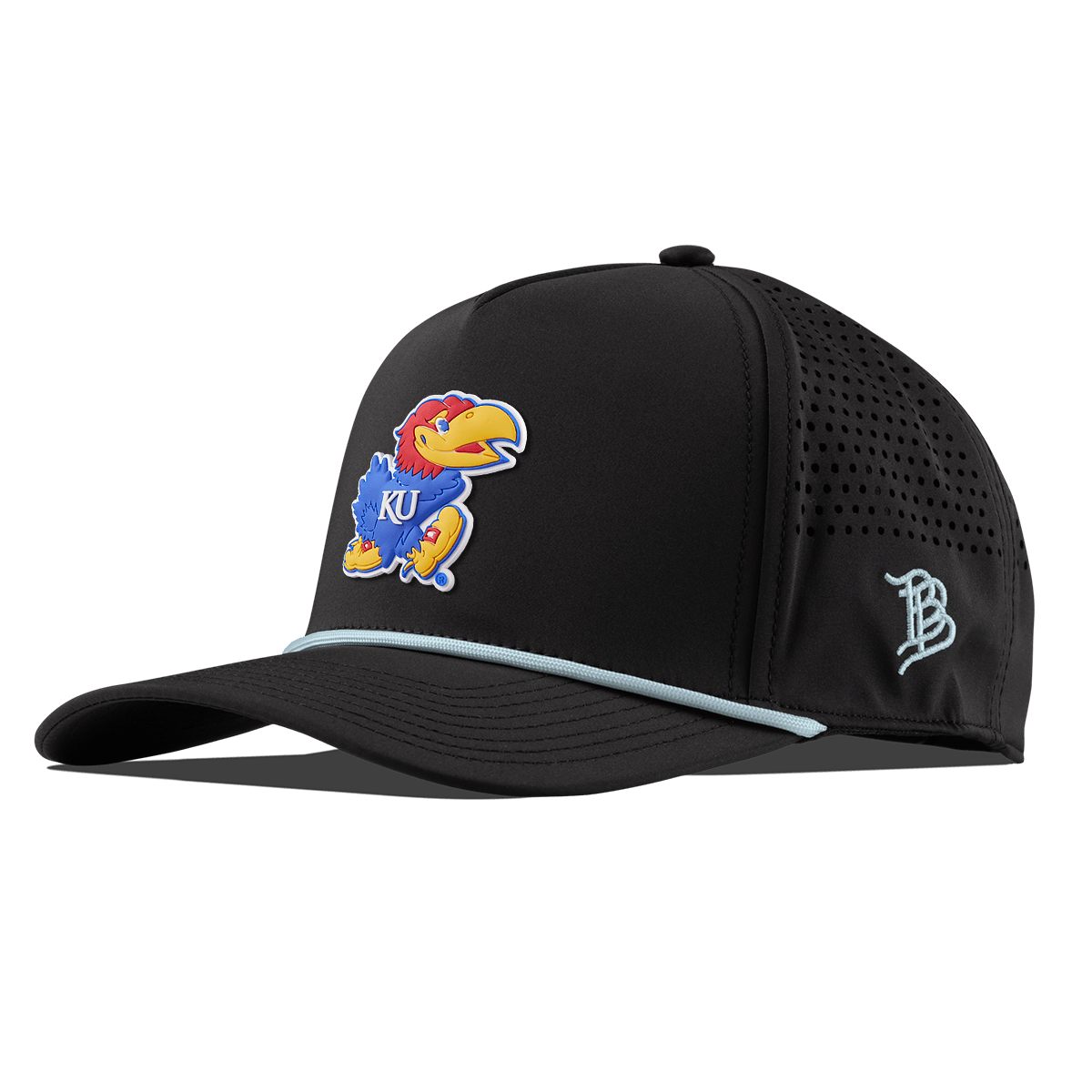 University of Kansas "Rock Chalk Jayhawk" Curved 5 Panel Rope Black + Sky Blue Rope