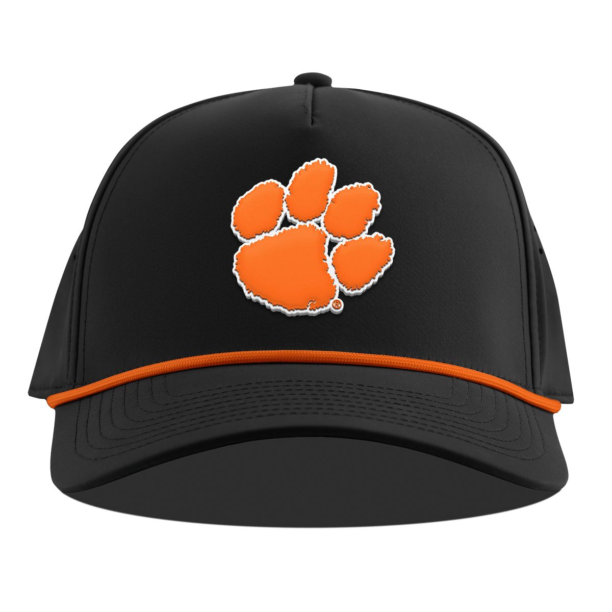 Clemson University "Clemson Tiger Paw" Curved 5 Panel Rope Black + Tangerine Rope