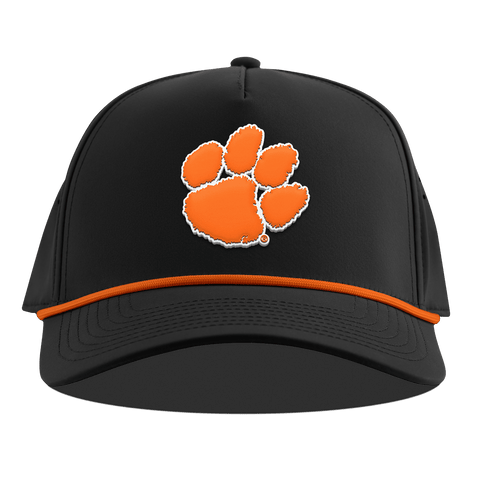Clemson University "Clemson Tiger Paw" Curved 5 Panel Rope Black + Tangerine Rope