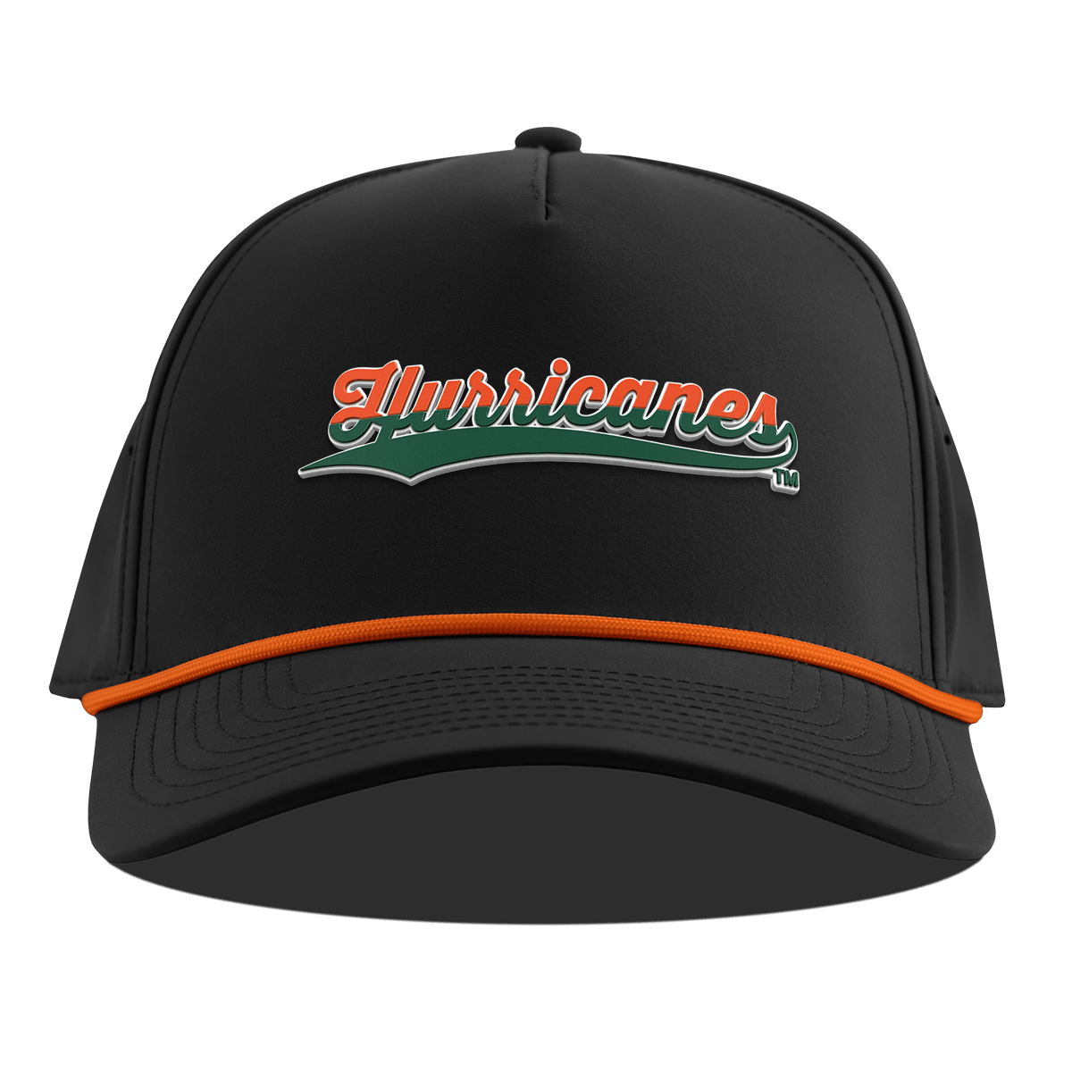 University of Miami "Hurricanes Script" Curved 5 Panel Rope Black + Tangerine Rope