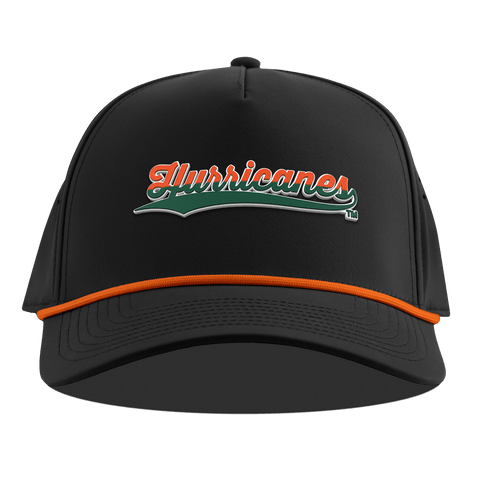 University of Miami "Hurricanes Script" Curved 5 Panel Rope Black + Tangerine Rope