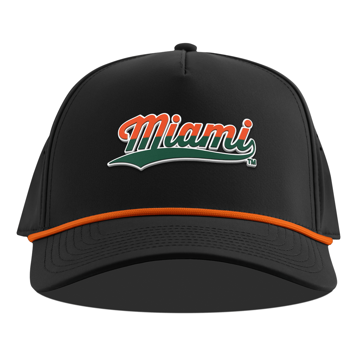 University of Miami "Miami Script" Curved 5 Panel Rope Black + Tangerine Rope