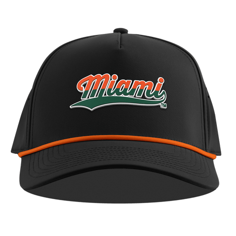 University of Miami "Miami Script" Curved 5 Panel Rope Black + Tangerine Rope