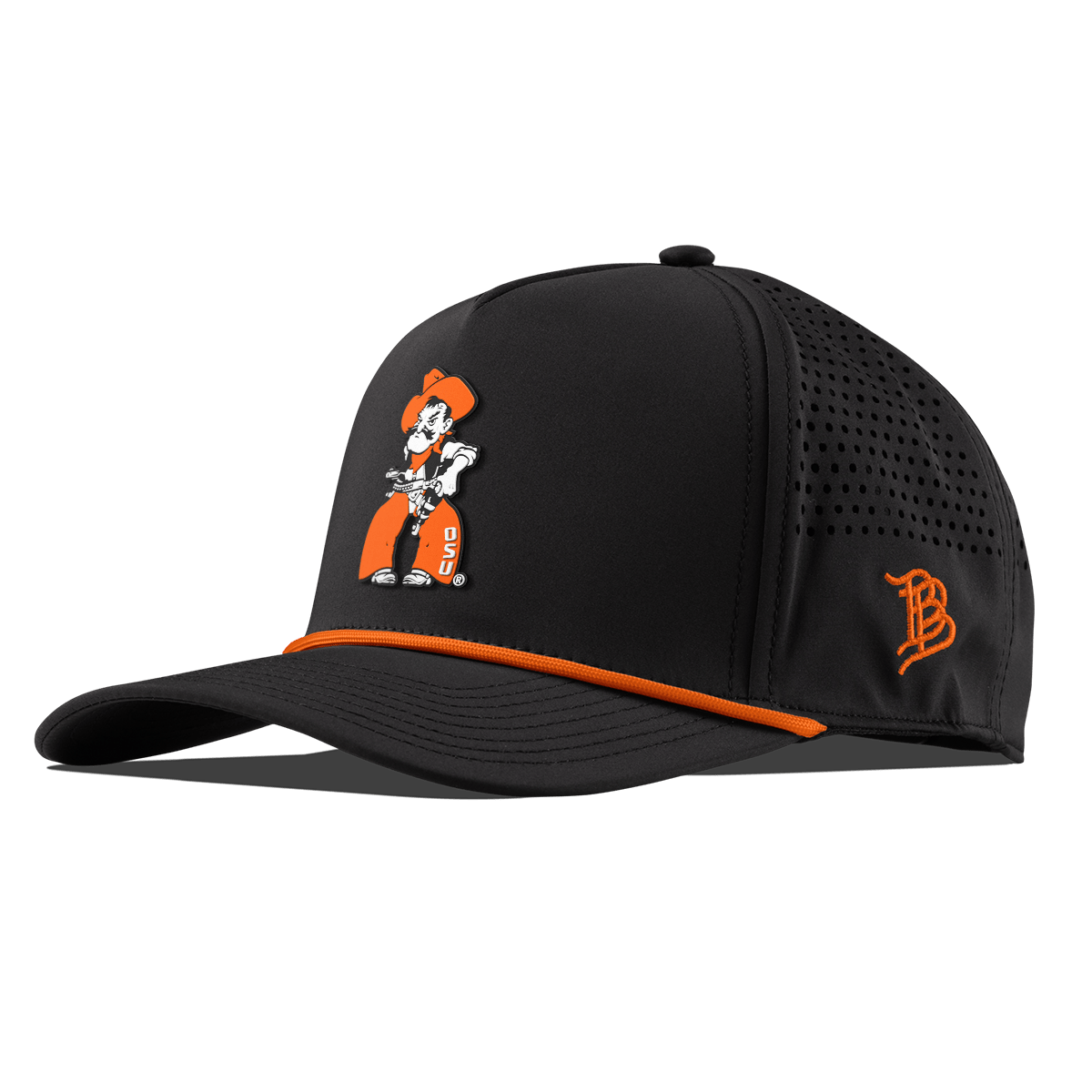 Oklahoma State University "Pistol Pete Quickdraw" Curved 5 Panel Rope Black + Tangerine Rope