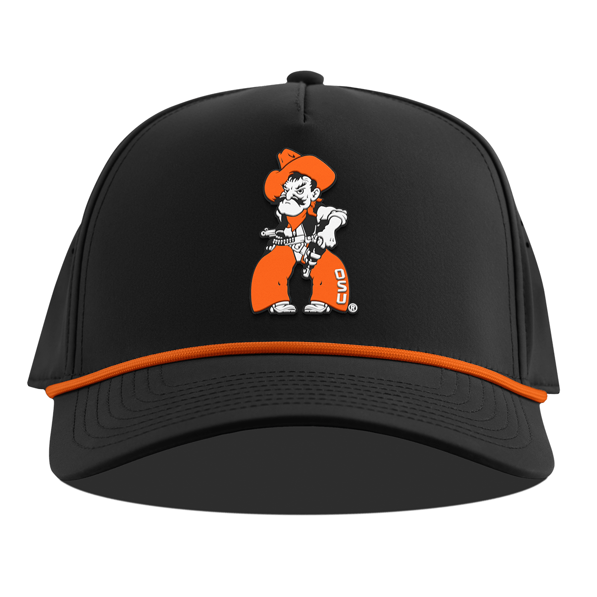 Oklahoma State University "Pistol Pete Quickdraw" Curved 5 Panel Rope Black + Tangerine Rope