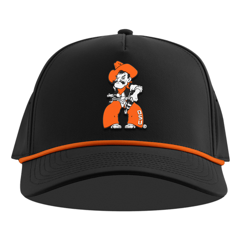 Oklahoma State University "Pistol Pete Quickdraw" Curved 5 Panel Rope Black + Tangerine Rope