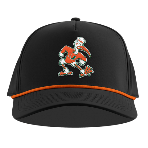 University of Miami "Sebastian the Ibis" Curved 5 Panel Rope Black + Tangerine Rope