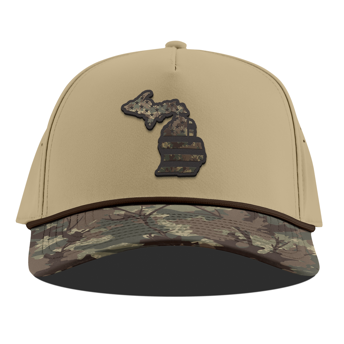 Michigan Timber Camo Patriot Curved 5 Panel Rope Desert/Timber Camo
