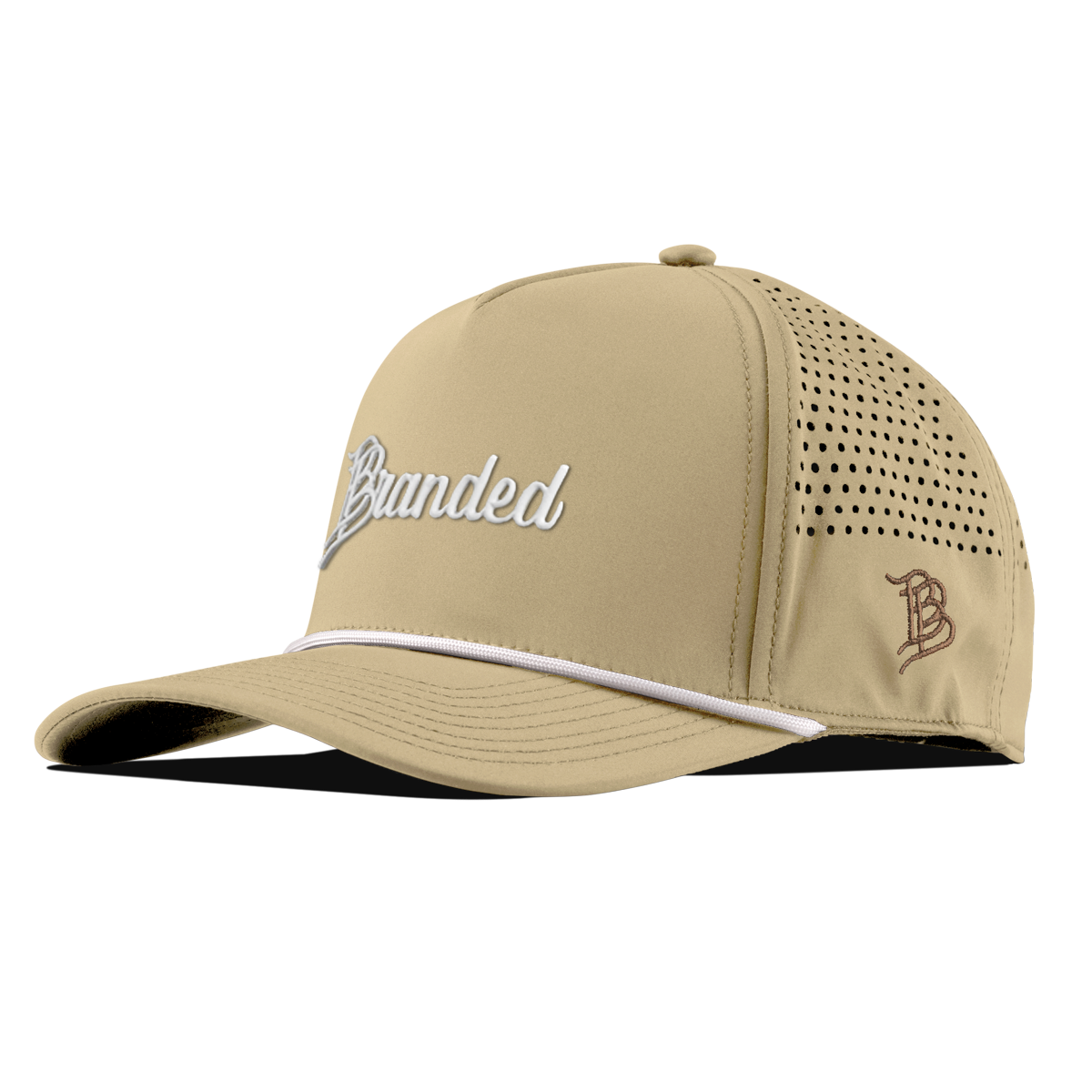 Branded Curved 5 Panel Rope (White Script) Desert/White