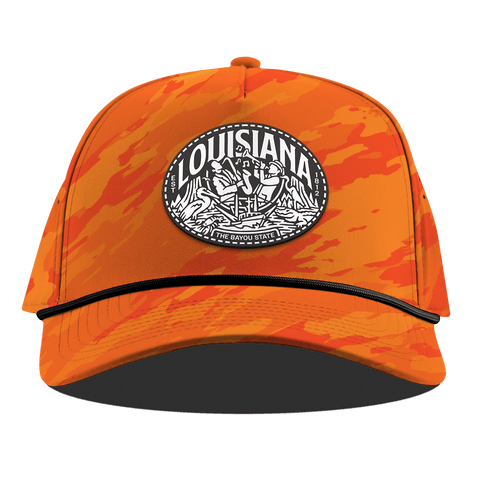 Louisiana Traveler Curved 5 Panel Rope Blaze Orange Camo
