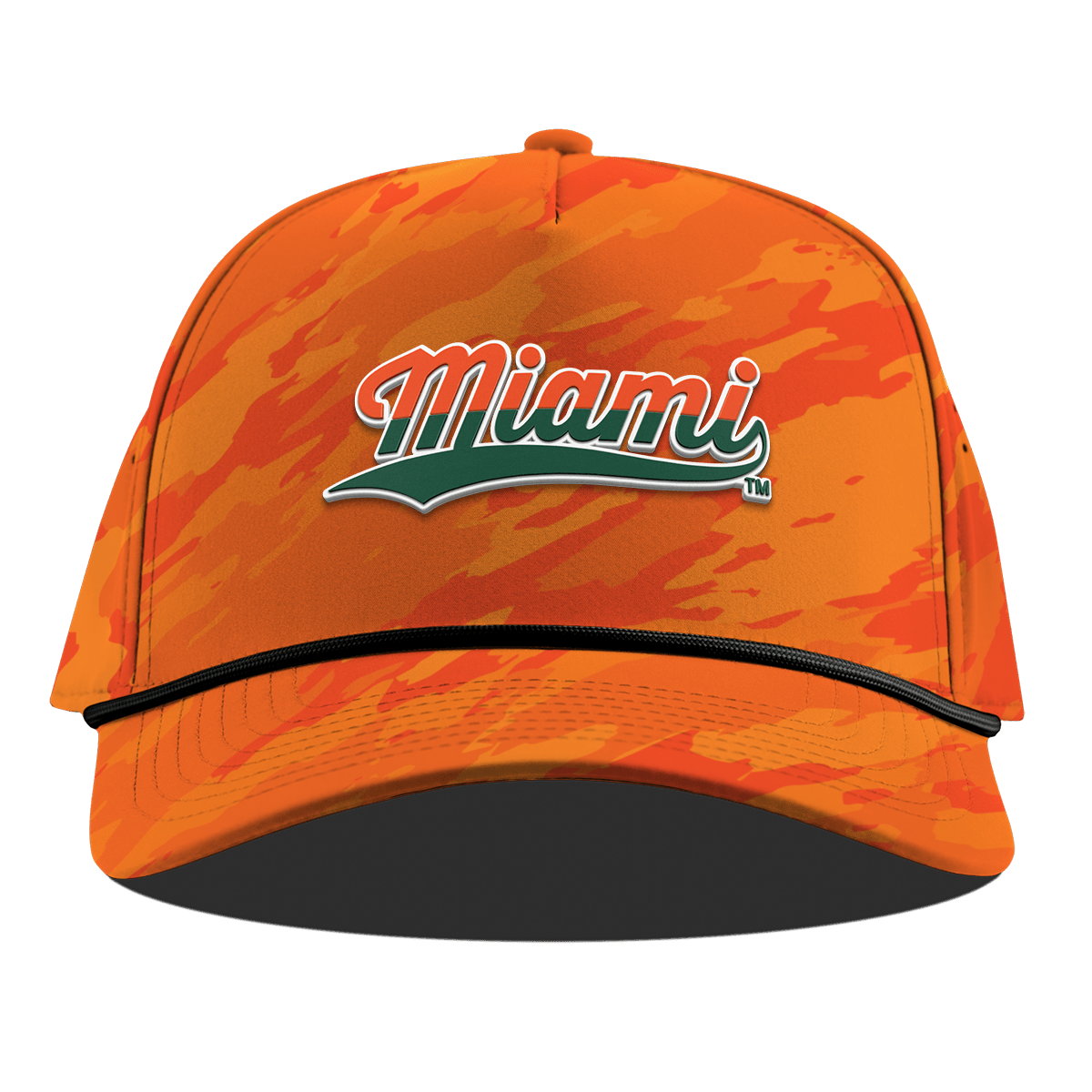 University of Miami "Miami Script" Curved 5 Panel Rope Blaze Orange Camo