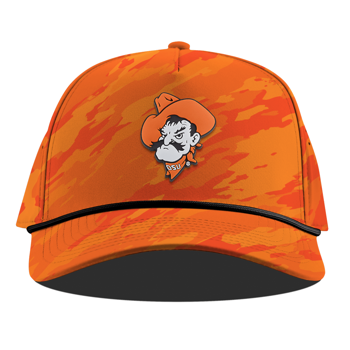 Oklahoma State University "OSU Pistol Pete" Curved 5 Panel Rope Blaze Orange Camo