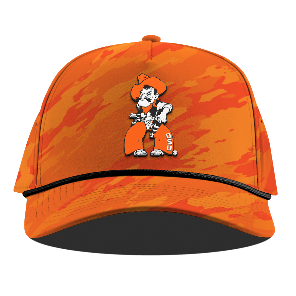 Oklahoma State University "Pistol Pete Quickdraw" Curved 5 Panel Rope Blaze Orange Camo