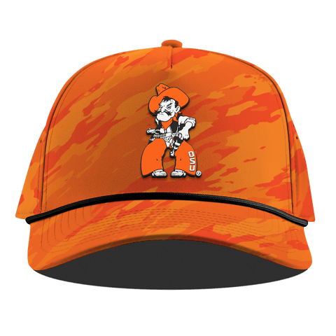 Oklahoma State University "Pistol Pete Quickdraw" Curved 5 Panel Rope Blaze Orange Camo