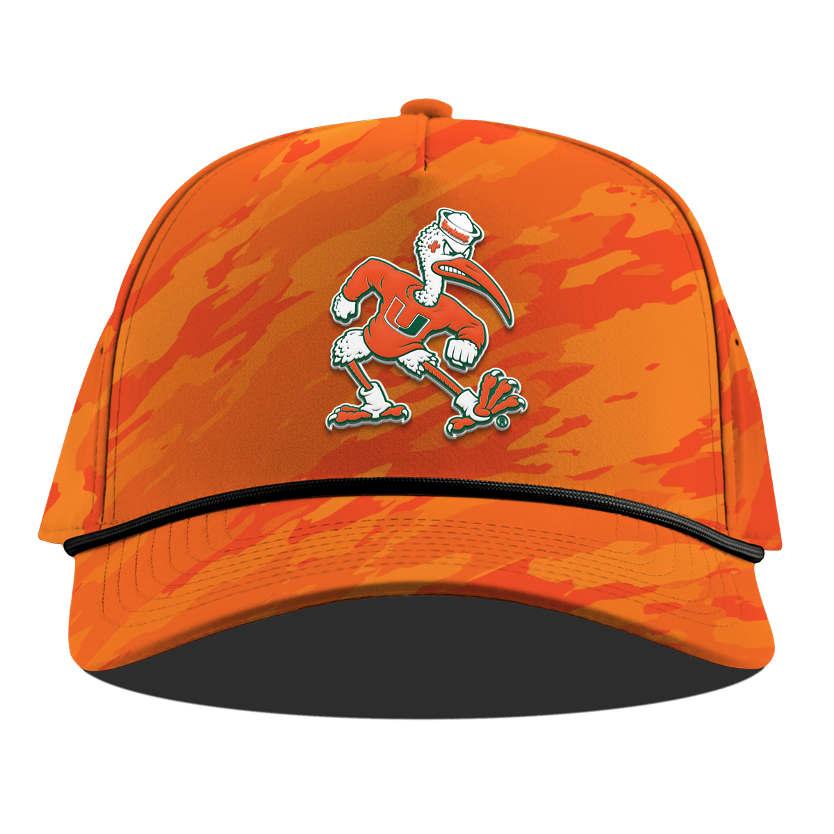 University of Miami "Sebastian the Ibis" Curved 5 Panel Rope Blaze Orange Camo