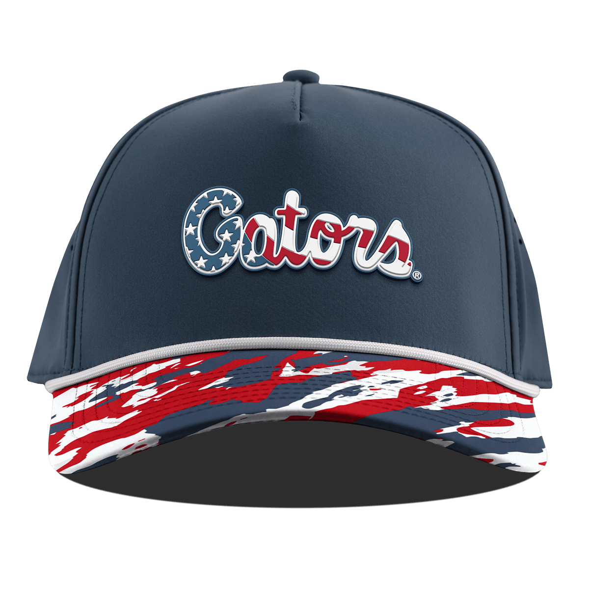 University of Florida "Gators Stars & Stripes" Curved 5 Panel Rope Orion/USA Camo + White Rope