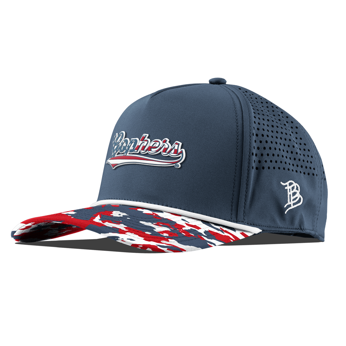 University of Minnesota "Gophers Stars & Stripes" Curved 5 Panel Rope Orion/USA Camo + White Rope