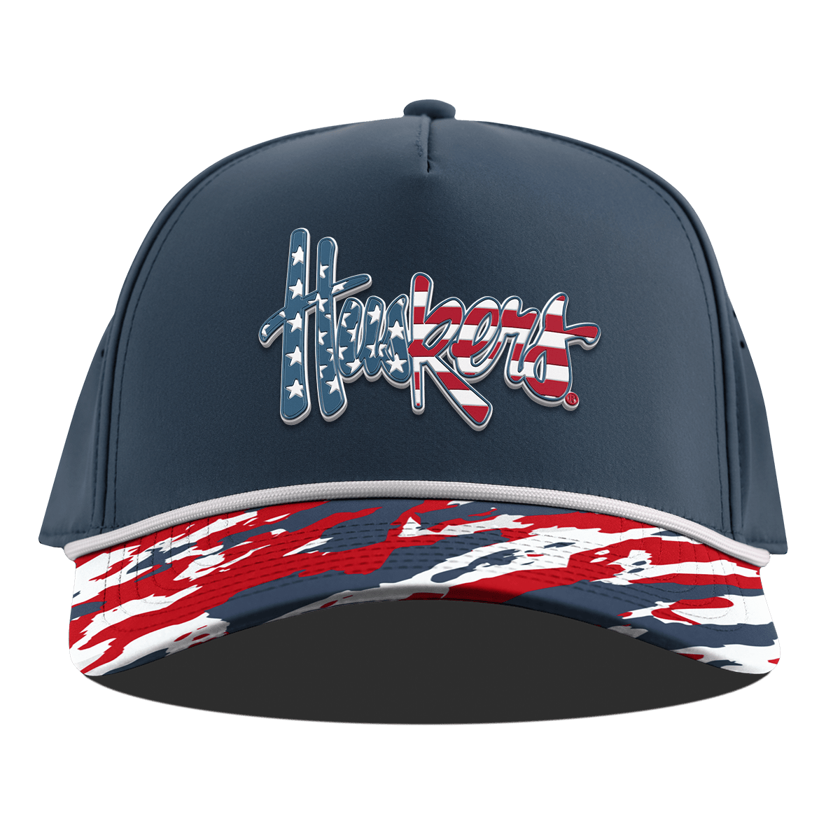 University of Nebraska "Huskers Stars & Stripes" Curved 5 Panel Rope Orion/USA Camo + White Rope