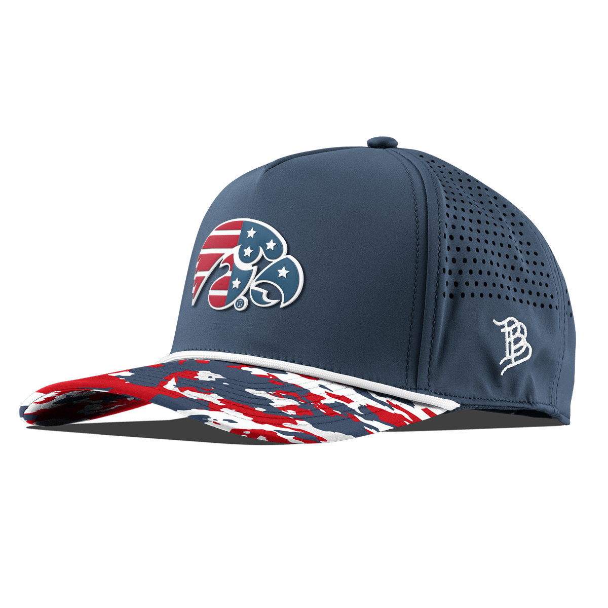 University of Iowa "Iowa Stars & Stripes" Curved 5 Panel Rope Orion/USA Camo + White Rope