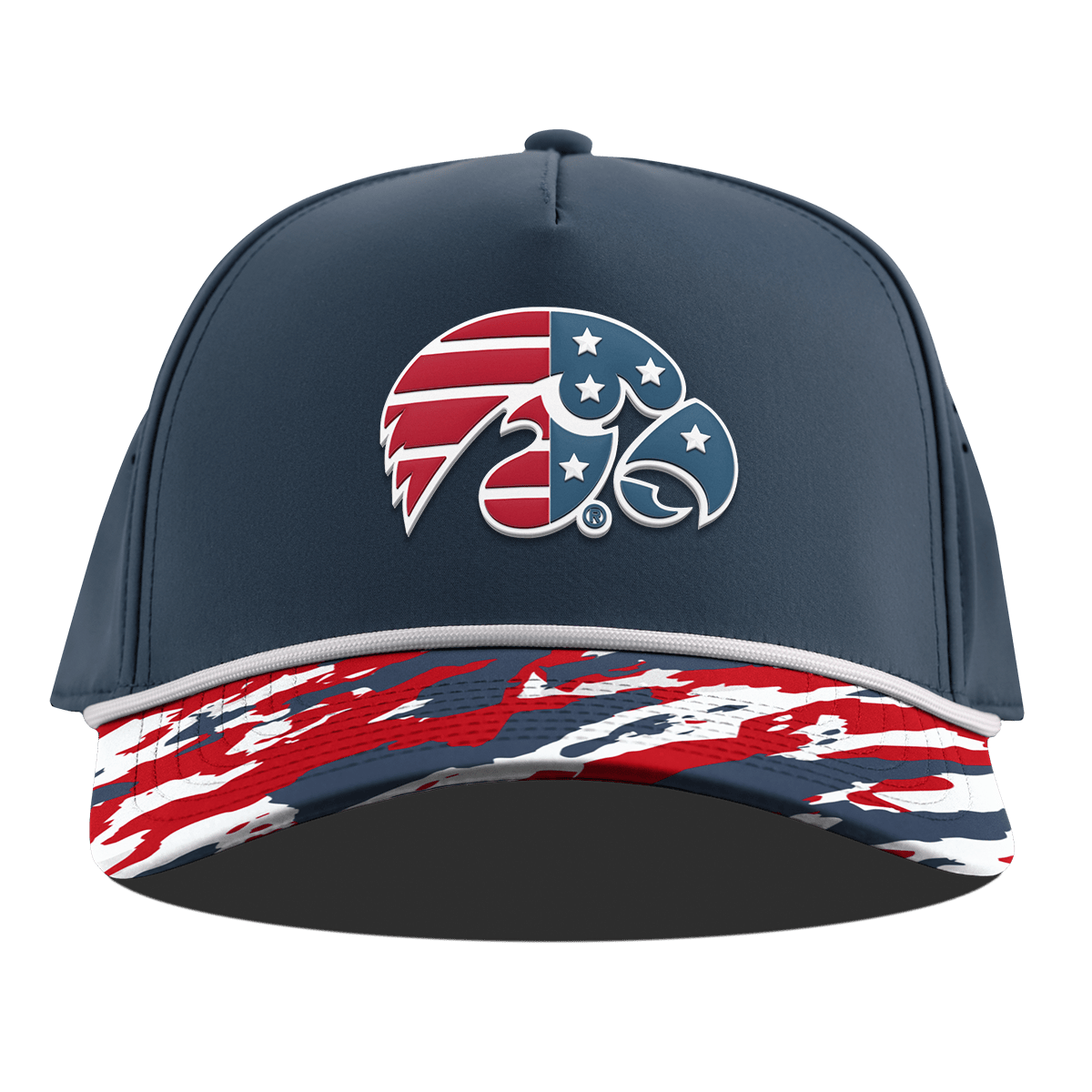 University of Iowa "Iowa Stars & Stripes" Curved 5 Panel Rope Orion/USA Camo + White Rope